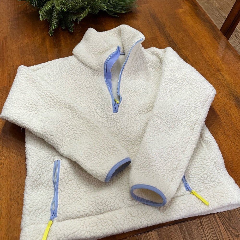 J. Crew Women’s White Sherpa Jacket with Blue Zippers